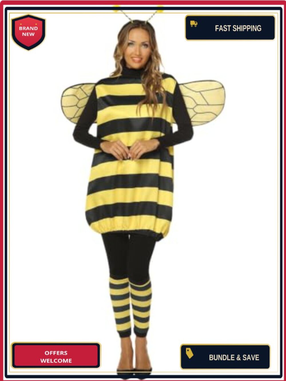 Women's Bumblebee Costume Adult Bee Dress Wings Headband Leg Warmers Halloween